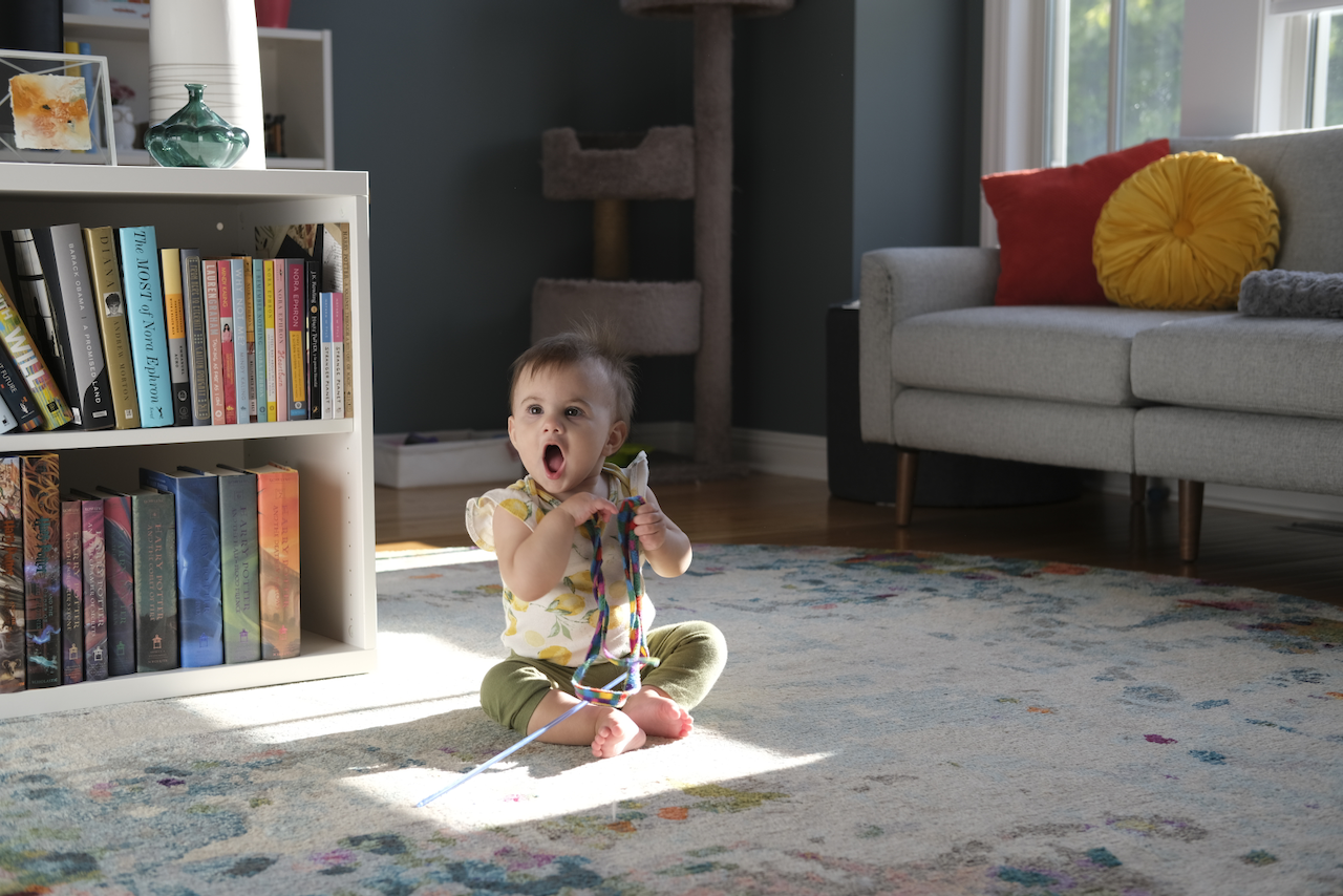 Zoe playing with a cat toy and making a funny face where her mouth is wide open.