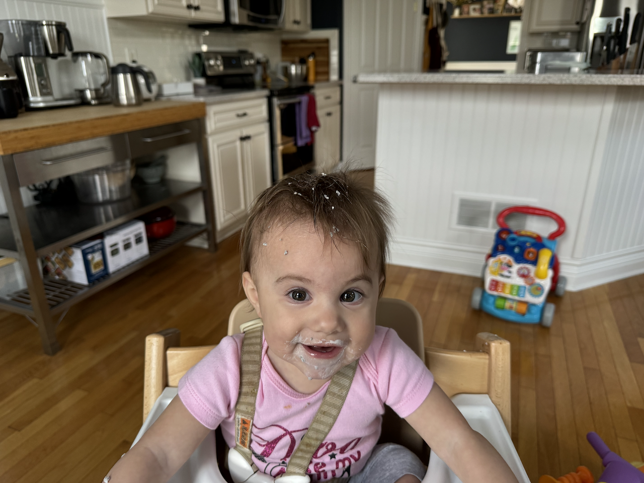 Zoe with yogurt and chia seeds everywhere.